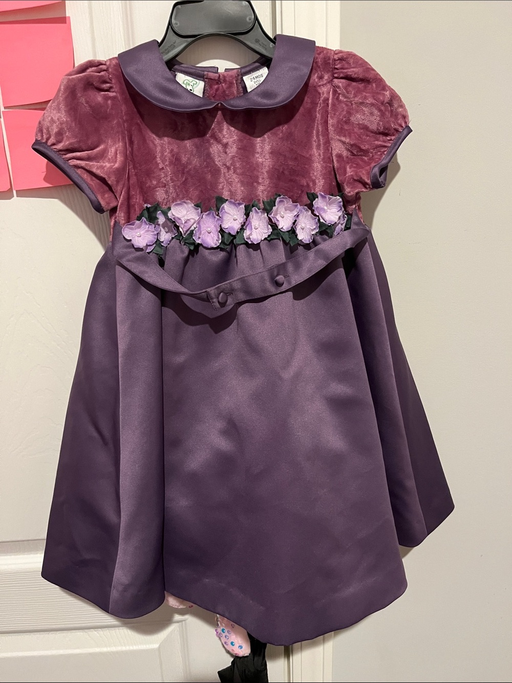 Girls' Velvet Bodice Floral Trim Party Dress - Purple
